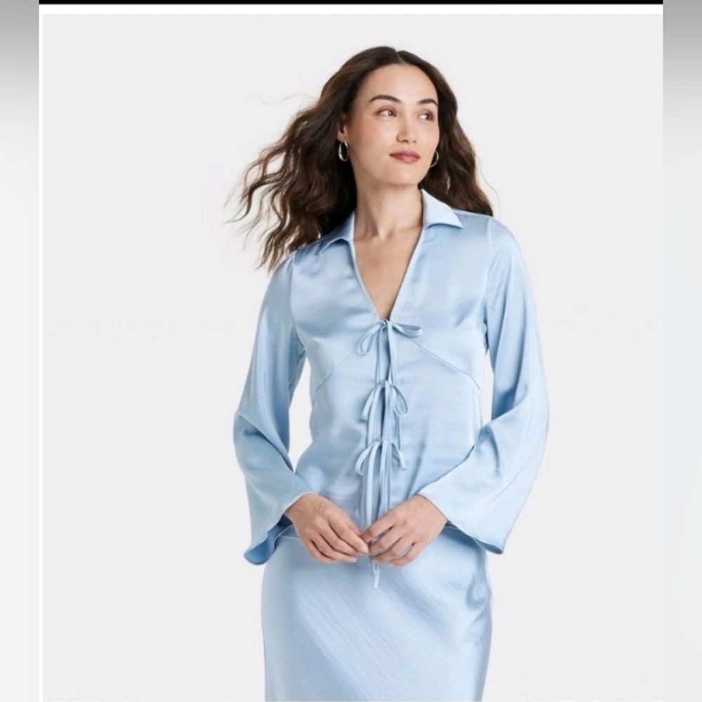 A New Day Women's Long Sleeve Satin Tie Blouse Light BlueSize M PTP 20